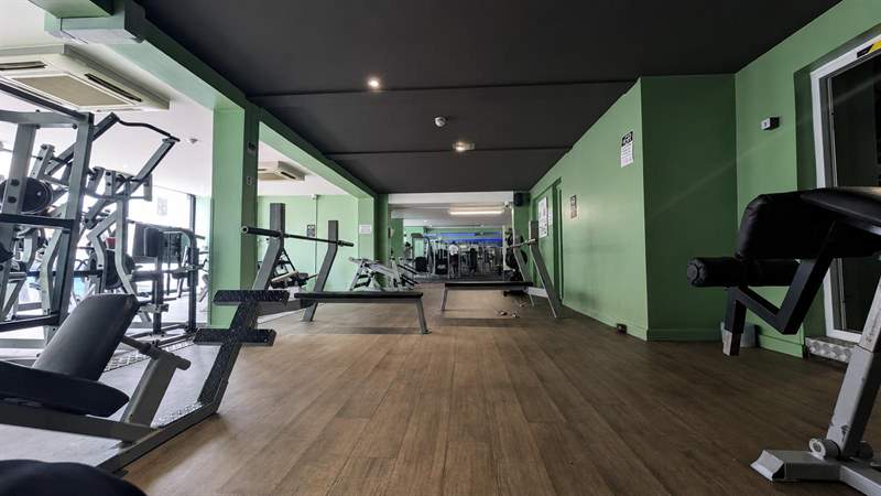 Flat and incline benches lined up along the wood floor, green walls and mirrors down one side.