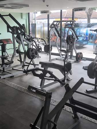 Plate-loaded machines and a bench on the ground floor, in the daylight from the shop window.