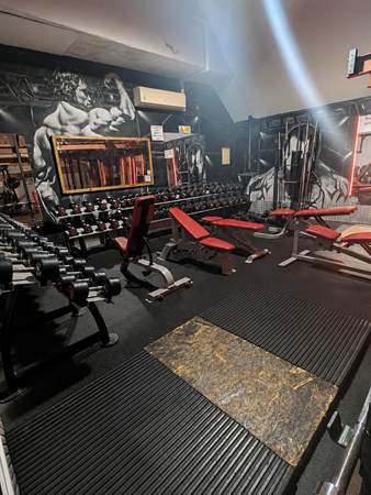 Dumbbell racks and red adjustable benches in front of the painted bodybuilder wall.